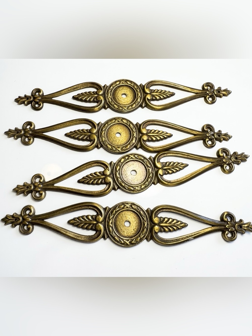 Vintage Brass Vertical Drawer Backplates Laurel Wreath Fleur de Lis Set of 4
